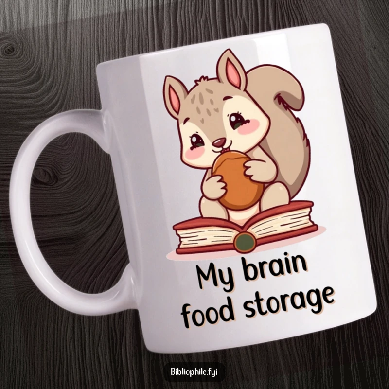 Funny mug with a cute squirrel character secretly stashing a nut inside an open book, looking mischievous and hoarding knowledge.