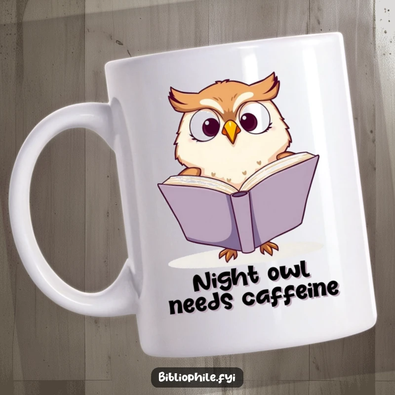 Funny mug with a cute owl character joyfully turning the pages of a large book, embodying a passionate and enthusiastic reader.