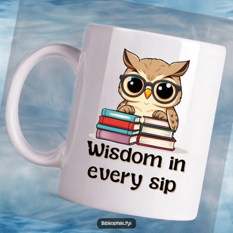 Funny owl wearing spectacles reading books, a wise and studious character on a ceramic mug.