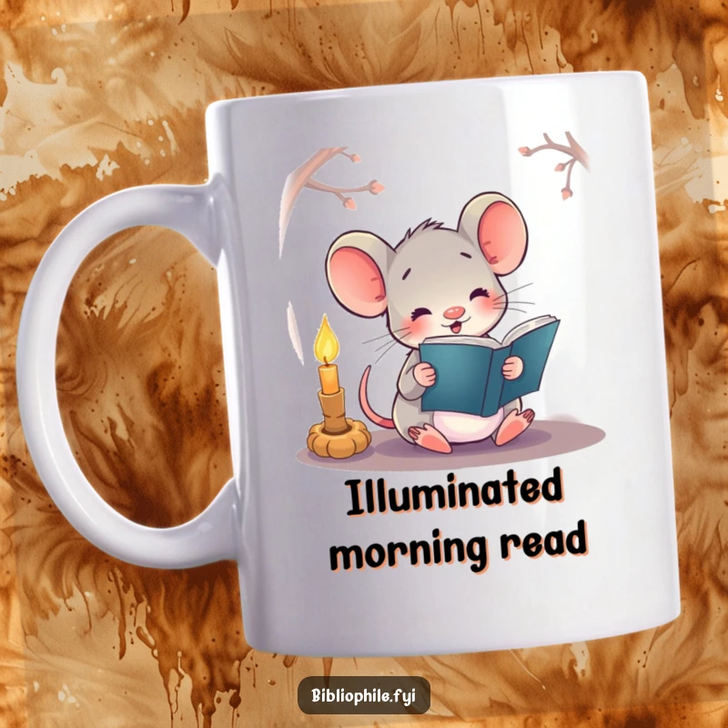 Funny mug with a happy mouse character reading a book by the warm glow of a single candle, looking content.