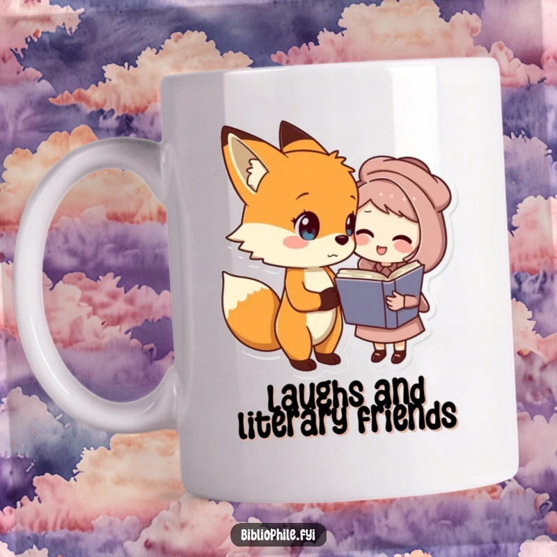 Funny fox character sharing a joke with a book character, heartwarming and humorous funny gift for readers.