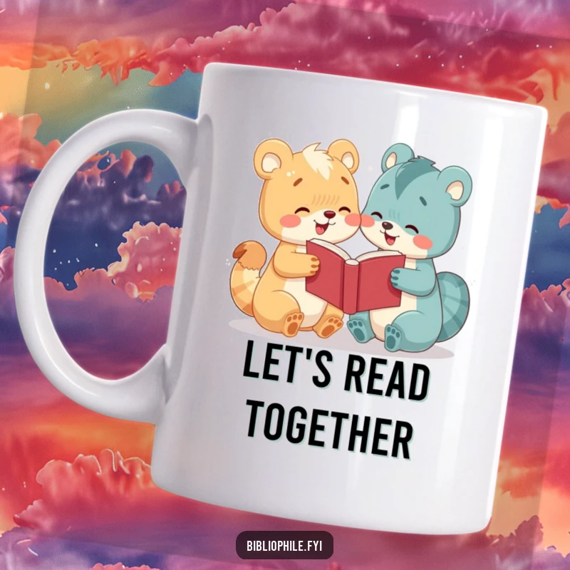 Funny mug with a cute animal character excitedly sharing a book with a friend, symbolizing friendship and the joy of reading.