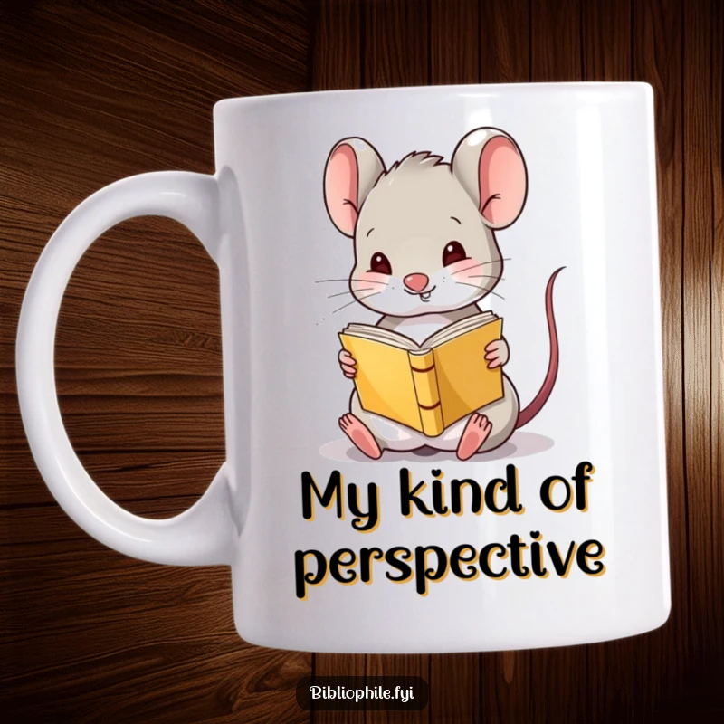 Funny Mouse Reading Mug depicting a cute mouse character amusingly reading a tiny book upside down, filled with character and charm.