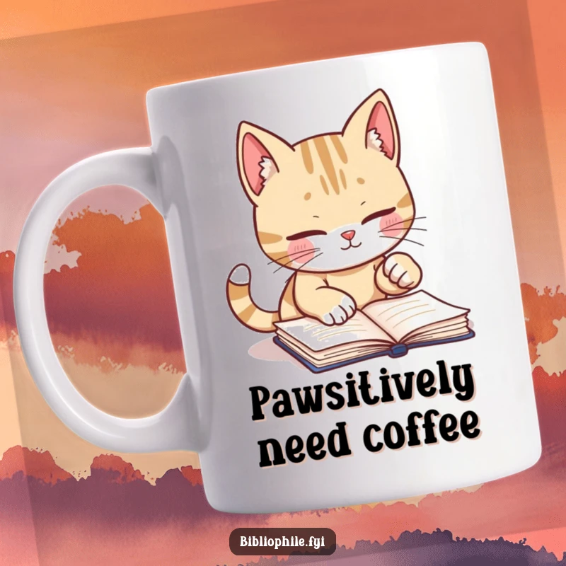 Funny mug with a cute cat character diligently marking a book page with its paw, showing playful dedication to reading.