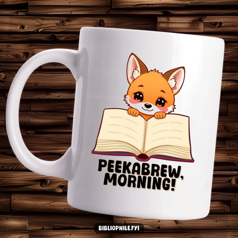 Funny fox puppy peeking from behind a giant open book, a cute and curious character on a ceramic mug.