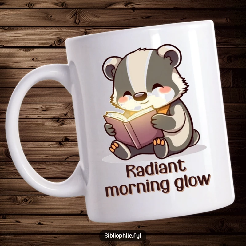 Funny cheerful badger engrossed in a faintly glowing book, a magical scene on a ceramic mug.