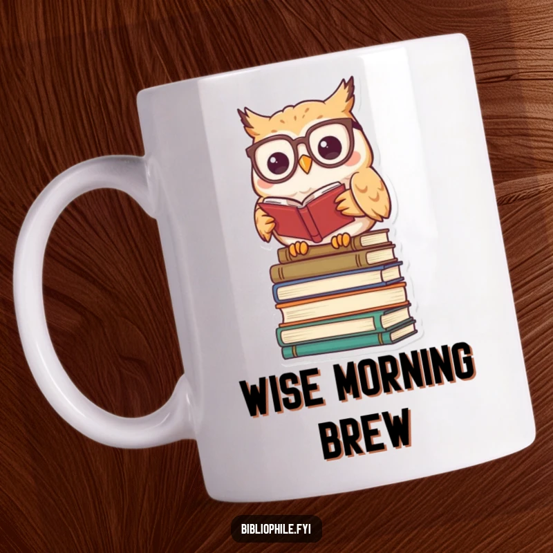 Funny kawaii owl character wearing reading glasses, perched on books, a wise and humorous mug.