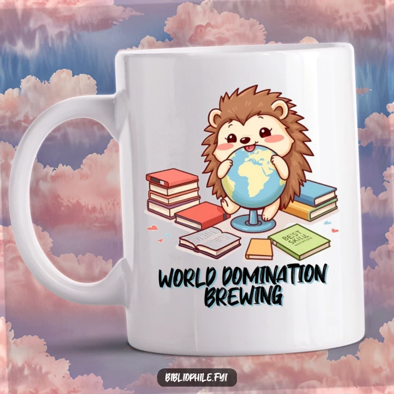 Funny mug featuring a cheerful hedgehog playfully rolling a miniature globe among scattered books, symbolizing curiosity and adventure.
