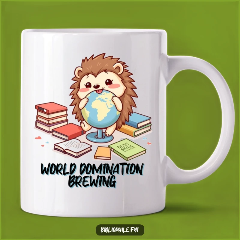 Funny Hedgehog Mug: Globe Roller Adventure, Cheerful Explorer Gift for Book Lovers