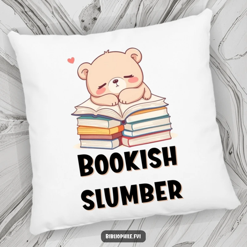 Funny bear napping on books on a decorative pillow, symbolizing ultimate comfort and literary relaxation, a cozy humorous gift.