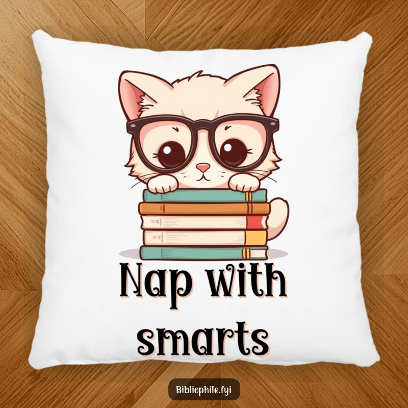 Funny plush pillow featuring a kawaii kitten wearing glasses, peering at a stack of novels, providing comfort and charm.