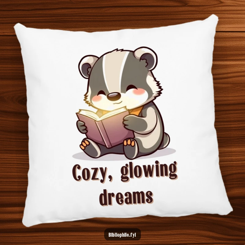 Funny badger reading a faintly glowing book, on a soft decorative pillow, bringing magical charm.