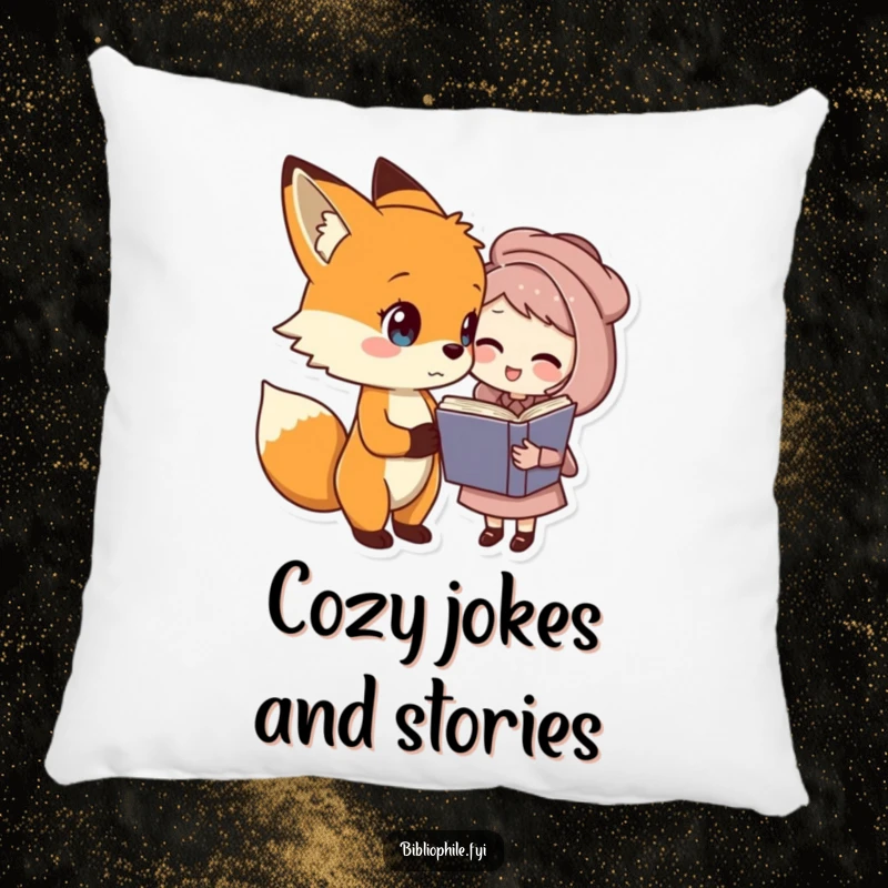 Funny fox and book character pillow, a fox telling a joke to a book character, soft funny gift.