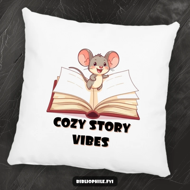 Funny Mouse Pillow: A delighted mouse scurries across storybook pages, offering comfort and whimsical literary humor.
