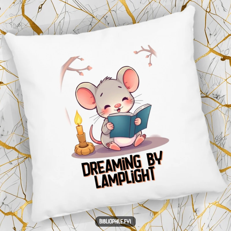 Funny pillow featuring a happy mouse character reading a book by candlelight, offering comfort and a touch of humor.