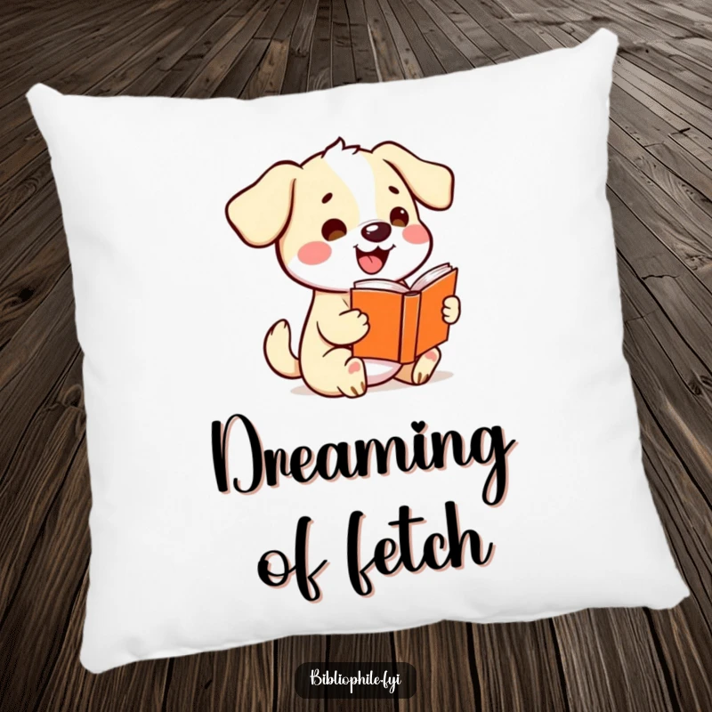 Funny kawaii dog wagging its tail excitedly while holding a storybook, depicted on a soft and humorous pillow.