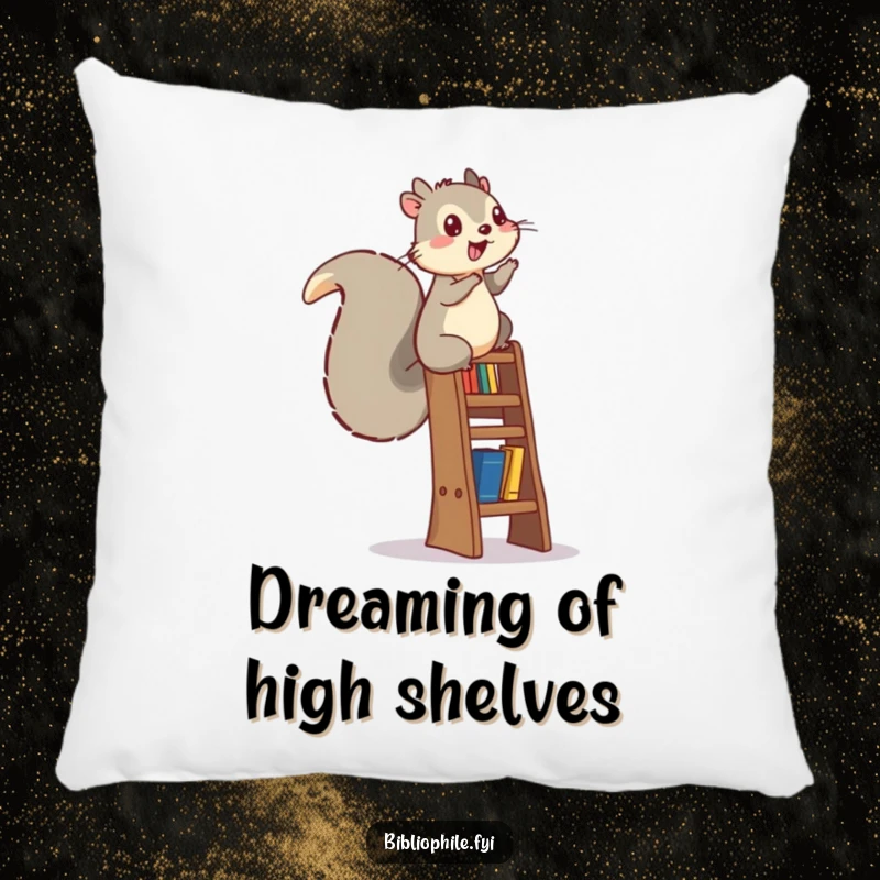 A cute, energetic squirrel climbing a bookshelf ladder, featured on a soft and comfortable decorative pillow.