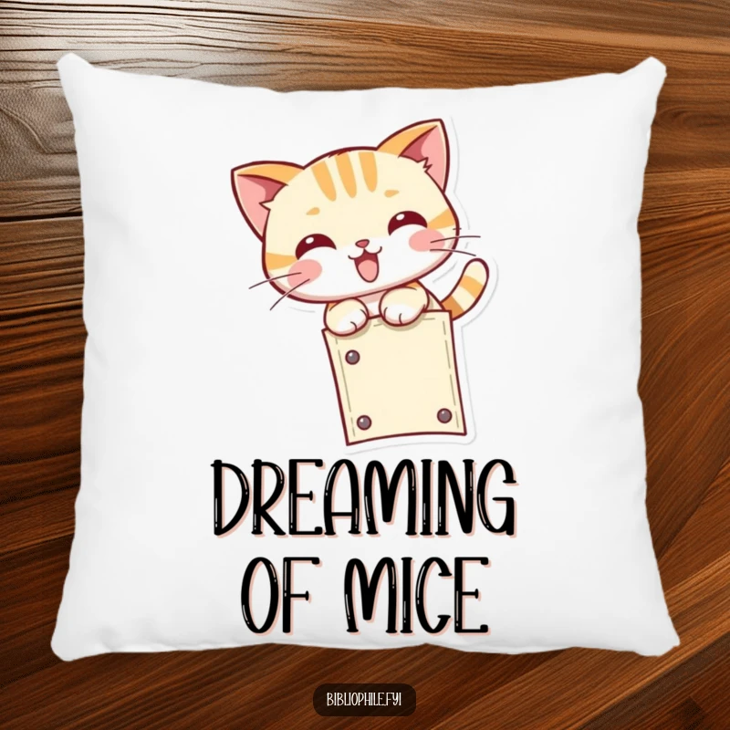 Funny kawaii cat character playfully pouncing near a bookmark, featured on a soft and decorative pillow.