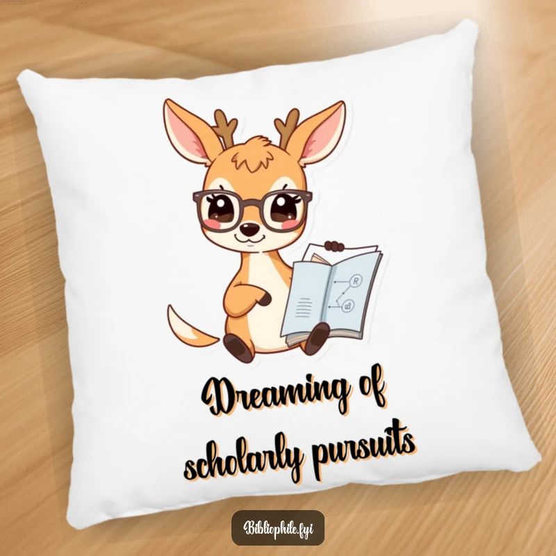 Funny Deer Pillow with a cute deer character wearing spectacles and pointing at a book diagram, offering plush comfort and intellectual humor.