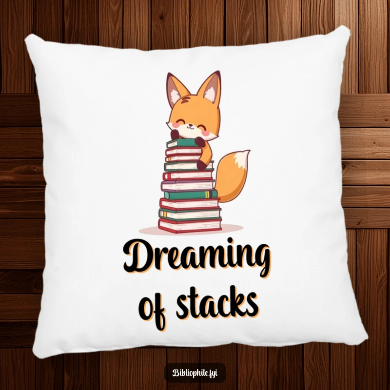 Funny Fox Pillow: Cute fox stacking a huge tower of books, adding humor to comfort.