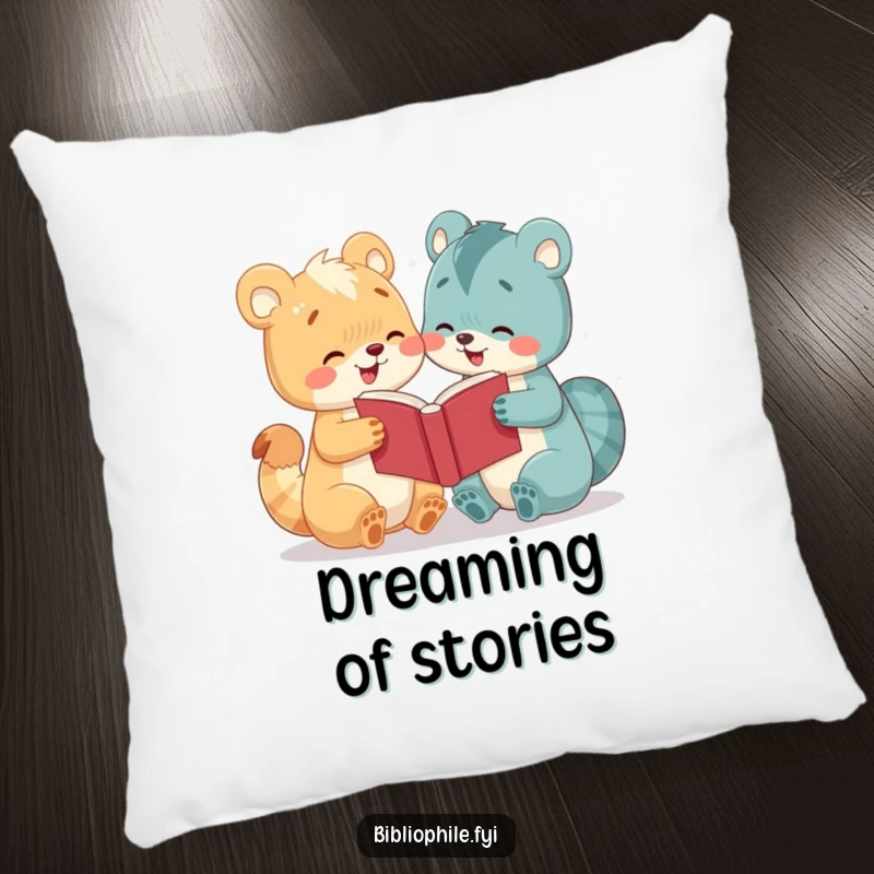 Funny pillow featuring a cute animal character in the act of sharing a book, evoking feelings of comfort and companionship.