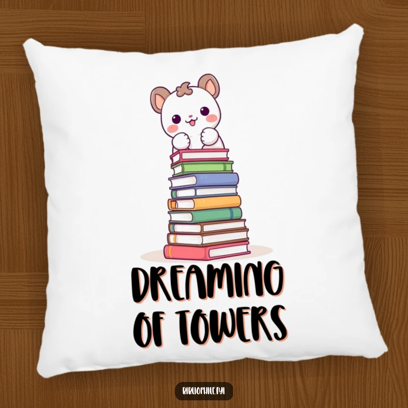 Funny plush pillow showing a cute animal character joyfully stacking books into a tower, ideal for comfort and decor.