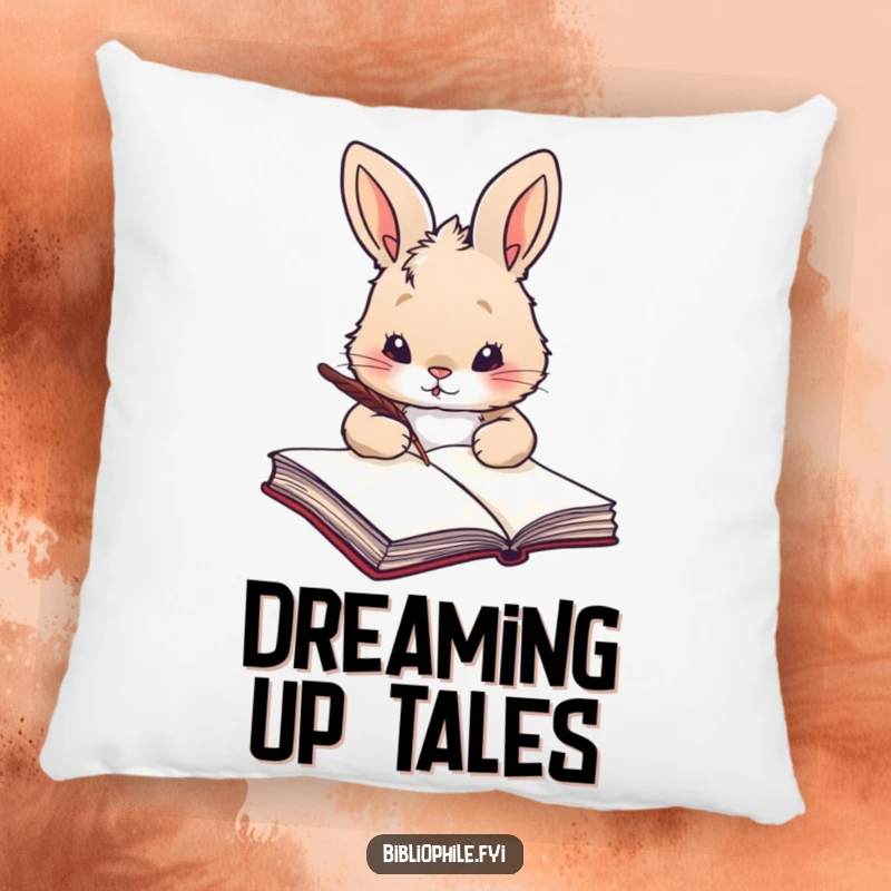 Funny rabbit with a quill, ready to write in a large book, on a soft decorative pillow.