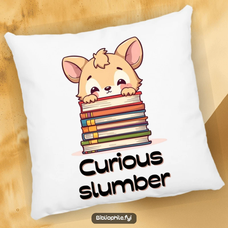 Funny pillow featuring a cute animal character curiously peeking over a large stack of books, designed for comfort and thought.