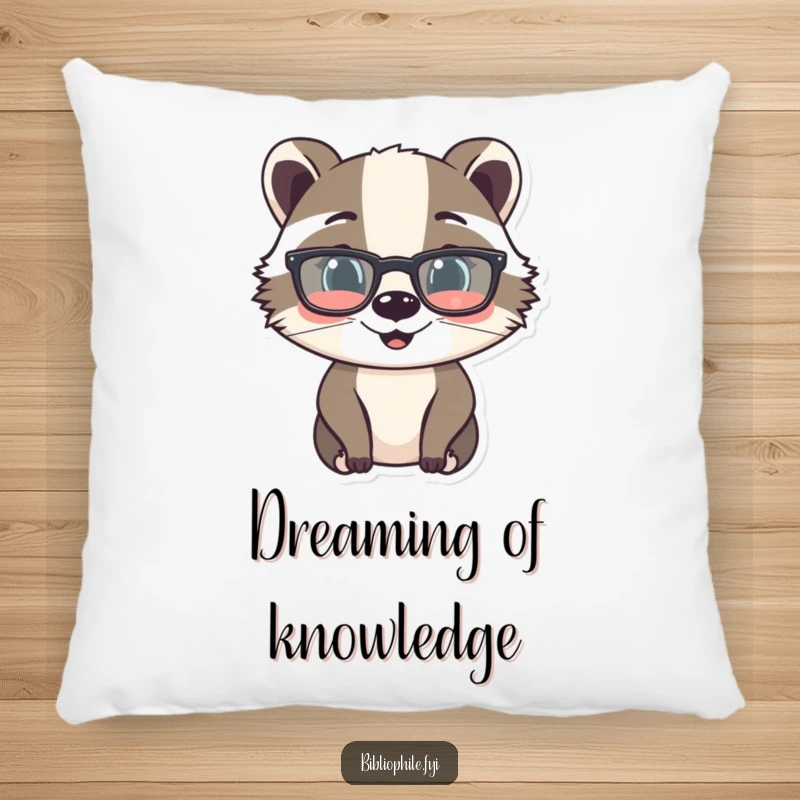 Funny pillow featuring a cheerful badger character with reading glasses, designed for ultimate comfort and bookish charm.