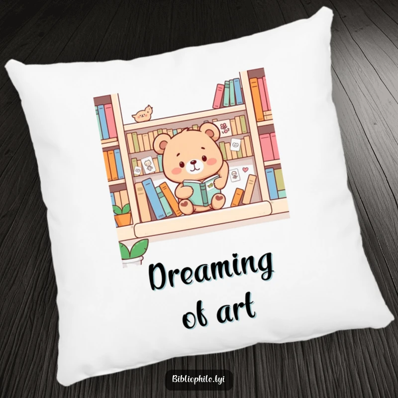 Funny Bear Pillow: Bear decorating a bookshelf with drawings, soft and artistic decor.