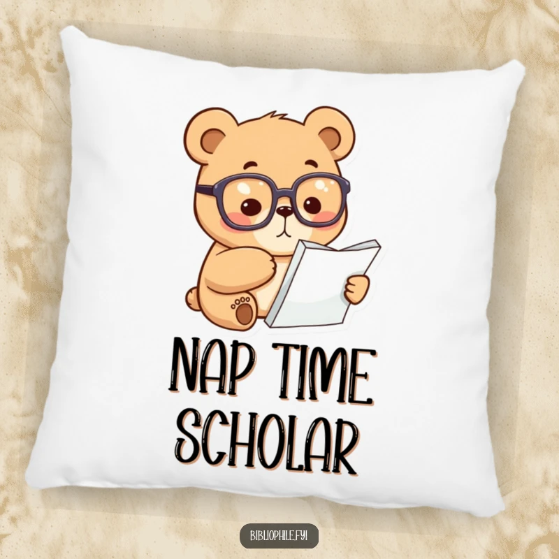 Funny Bear Pillow: A focused bear in reading glasses points at a book page, offering comfort and intellectual humor.