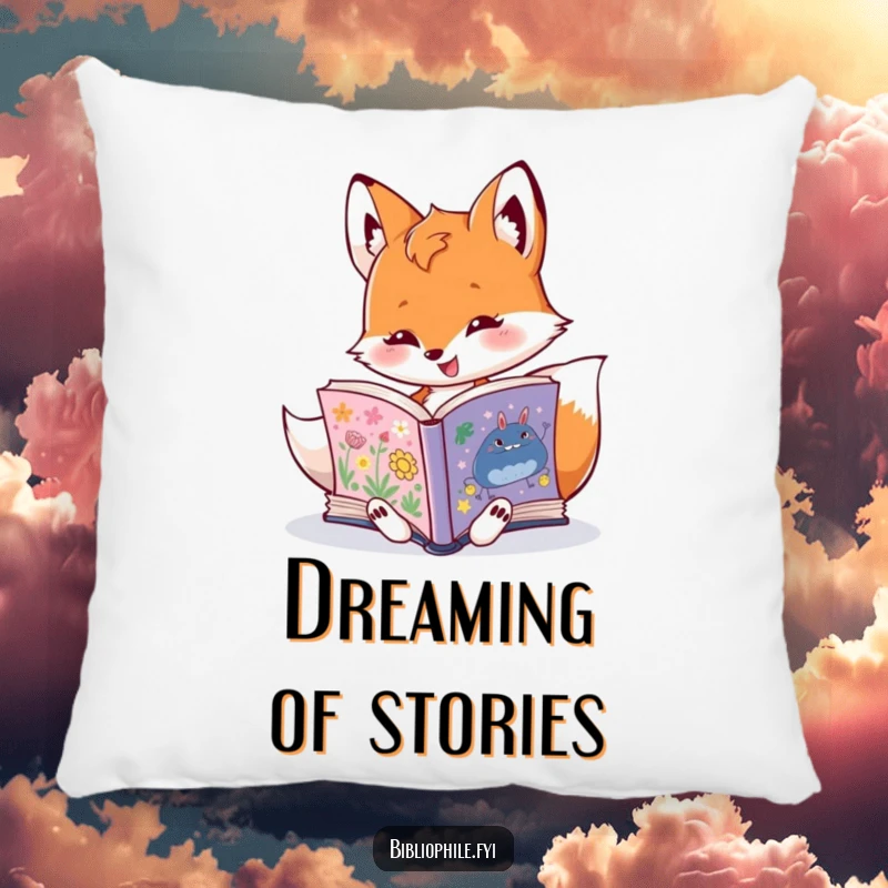 Funny fox character reading happily on a decorative pillow, perfect for a cozy reading nook, a humorous home decor item.