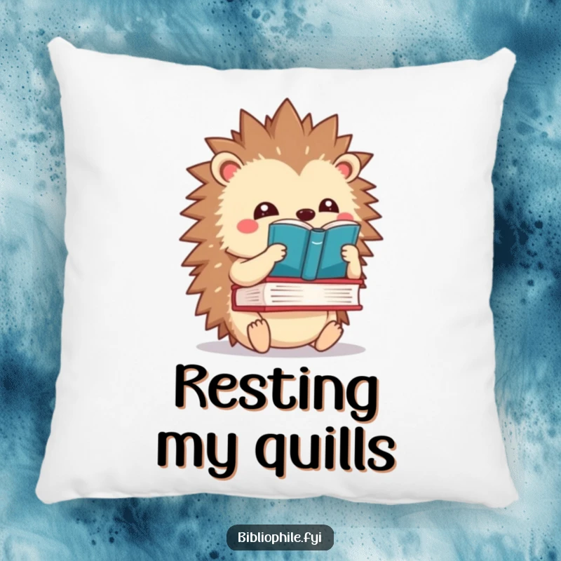 Funny kawaii hedgehog balancing a book on its spines, depicted on a soft and humorous pillow.