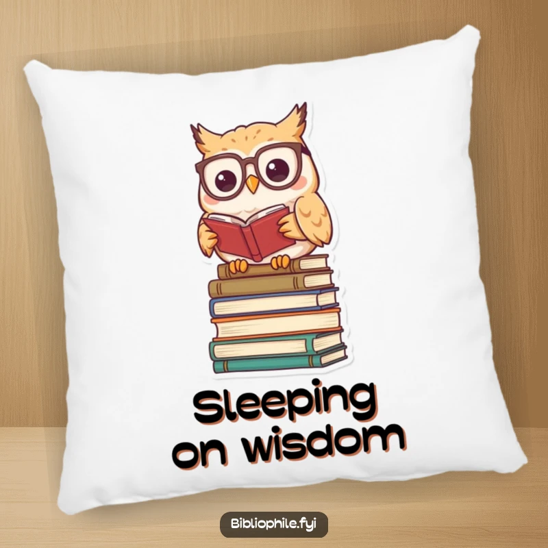 Funny kawaii owl character wearing reading glasses, perched on books, a soft and humorous pillow accent.
