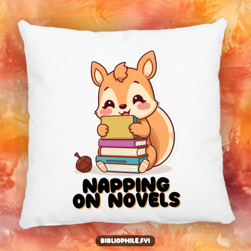 Funny kawaii squirrel happily hoarding books like acorns, depicted on a soft and humorous pillow.