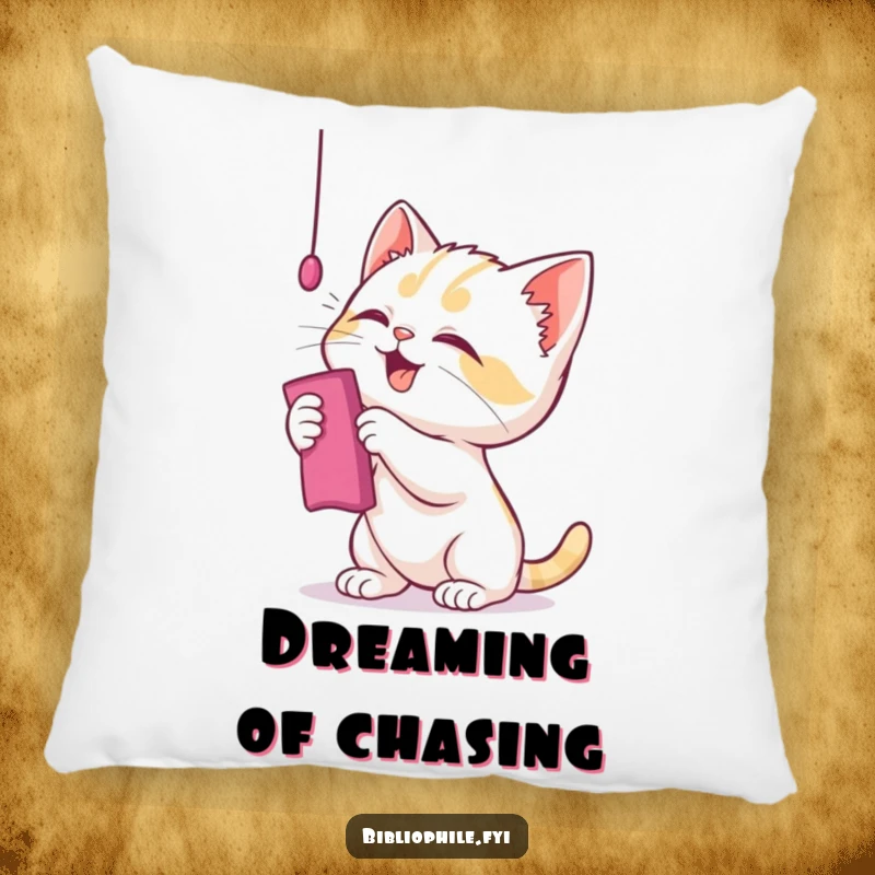 Funny kitten pillow featuring a playful character batting at a bookmark, cozy and humorous cat decor.