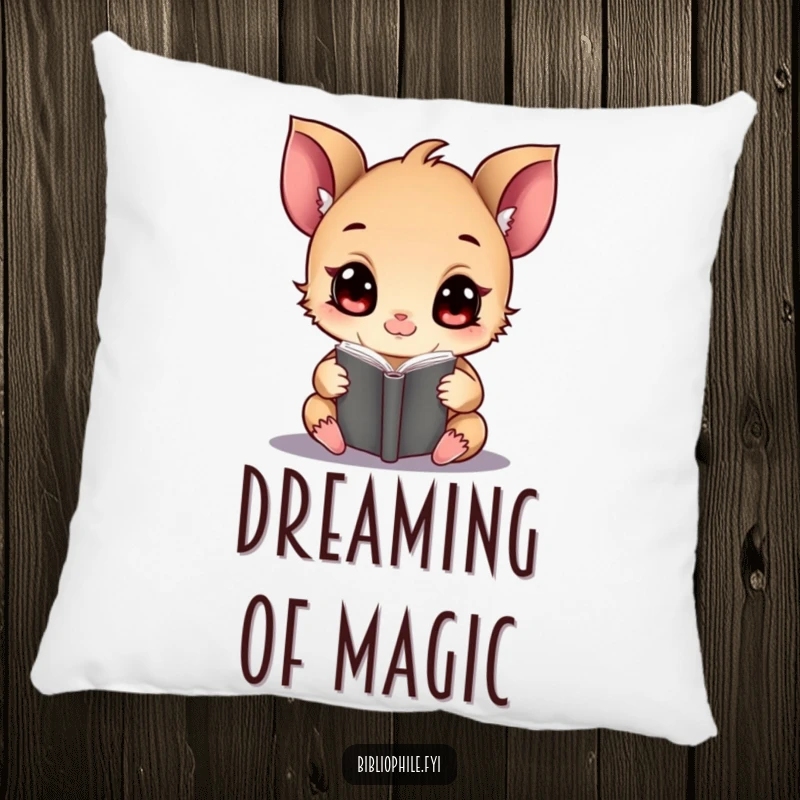 A cute, wide-eyed tiny creature engrossed in a magical tome, featured on a soft decorative pillow.