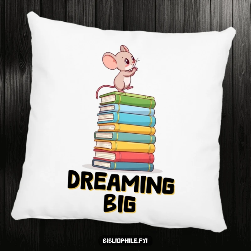 Funny pillow featuring a determined mouse climbing a stack of books, providing comfort and a symbol of ambition.