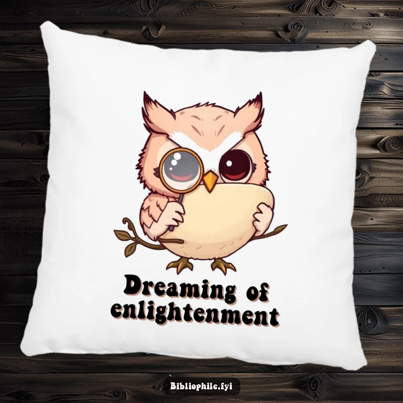 Funny owl monkler pillow, a sophisticated owl wearing a monocle reading, soft and humorous funny gift.