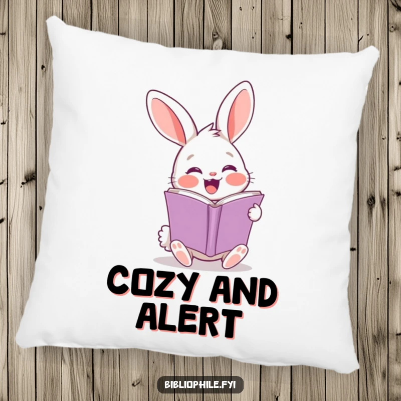 Funny rabbit pillow featuring a cheerful character turning a page, cozy and joyful literary decor.