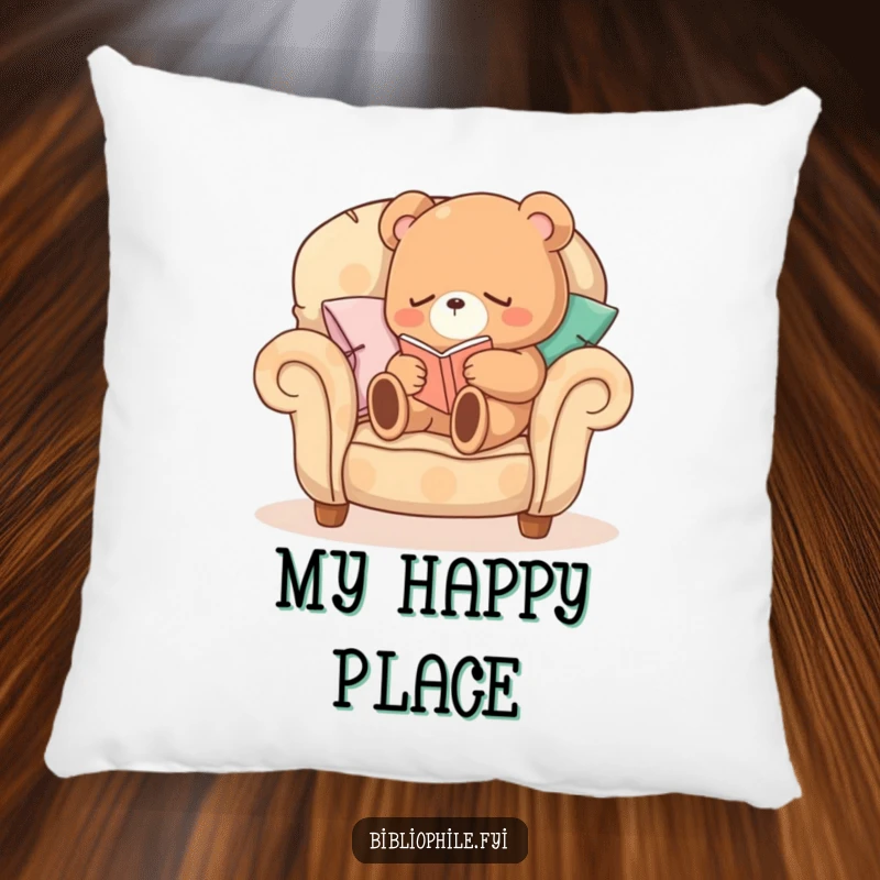 Funny Sleepy Bear Pillow featuring a sleepy bear character curled up on a comfortable armchair made of pillows, reading, perfect for cozy accents.