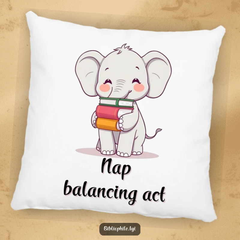 Funny pillow featuring a cheerful elephant balancing books on its trunk, providing comfort and a symbol of wisdom.