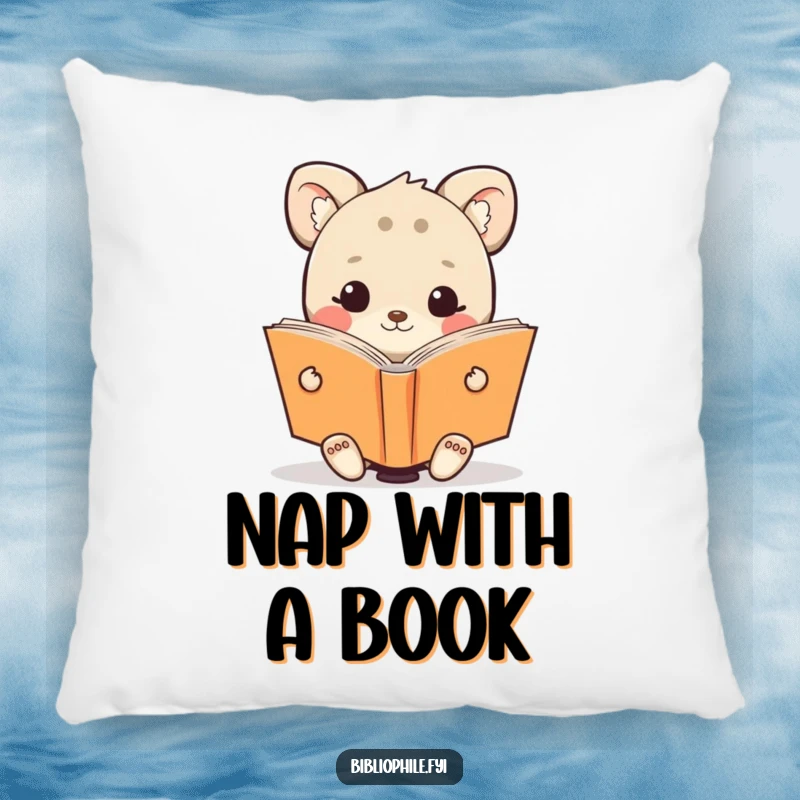 Funny pillow featuring a cute animal character happily reading an oversized book, designed for ultimate comfort and joy.