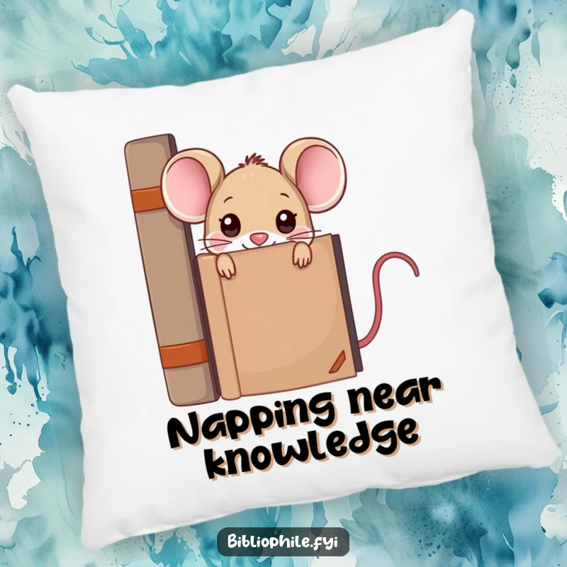 Funny kawaii mouse peeking from behind a large encyclopedia, depicted on a soft and humorous pillow.