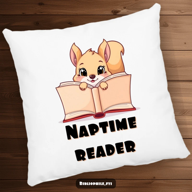 Funny squirrel peeking from behind a large open book, depicted on a soft and cozy pillow.
