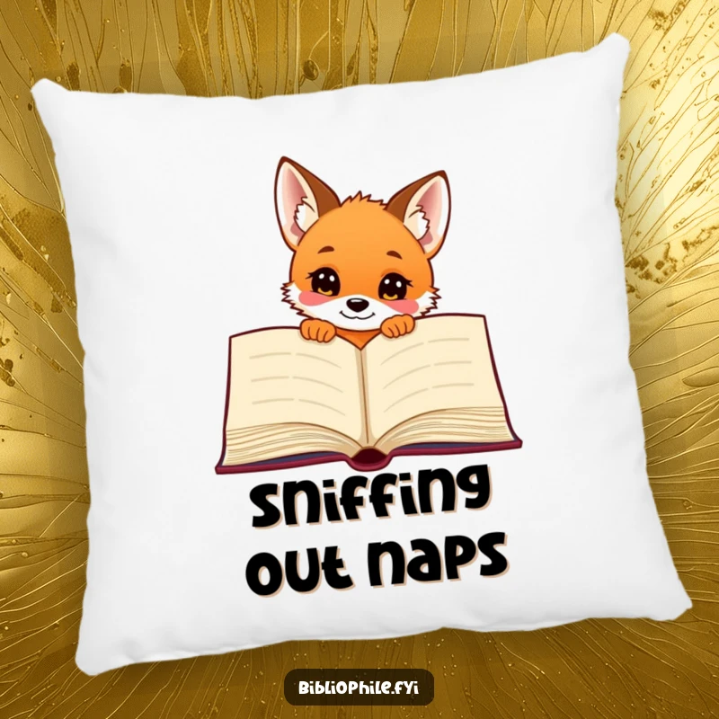 Funny fox puppy peeking from behind a large book, featured on a soft, decorative pillow.
