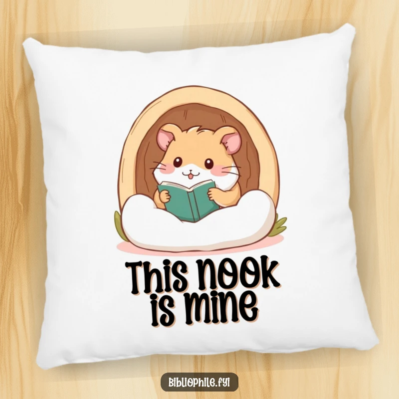 A funny, contented hamster nestled in a plush reading nook, featured on a soft, decorative pillow.