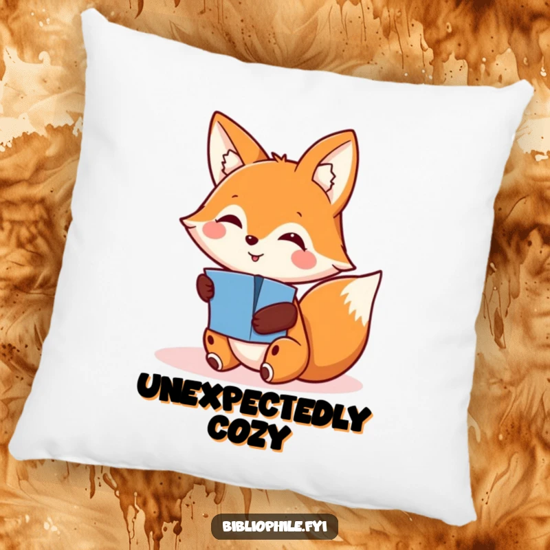 Funny pillow with a smiling fox character finding a hidden pop-up, bringing a sense of joy and wonder to your cozy space.