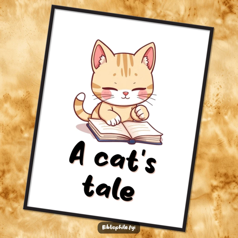 Funny digital art print of a cute cat character diligently marking a book page with its playful paw, perfect for readers.