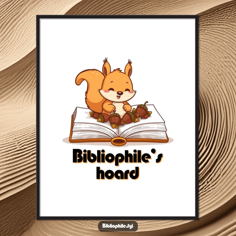 Funny Squirrel Digital Art Print of a happy squirrel character burying acorns within the pages of a large hardcover book, printable decor.